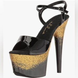 🦋B2G1🦋ELLIE SHOES 7" Pointed Stiletto Platform Mule Shoes Gold/Black | 709-CARI
